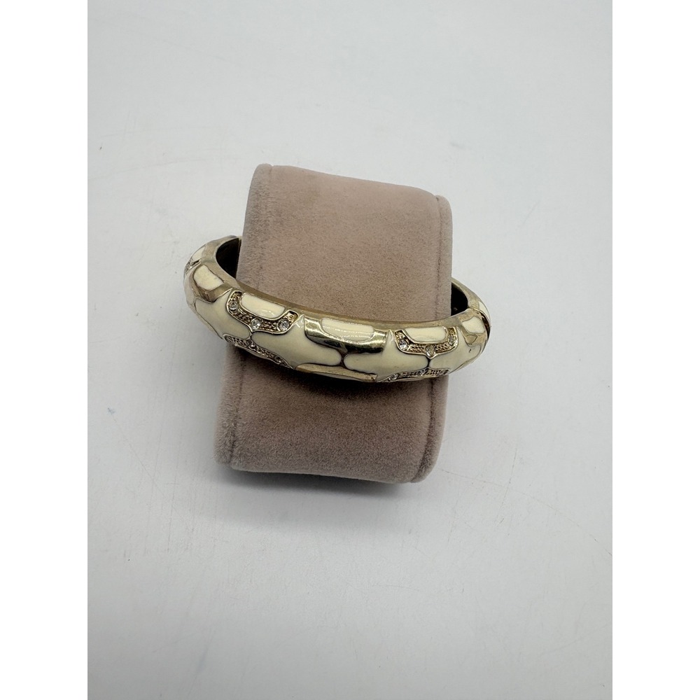 Gold Tone Cream Enamel Rhinestone Hinged Bangle Bracelet‎